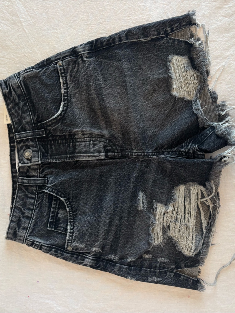 ZARA Black Distressed Charcoal Denim Shorts High Rise Raw Hem Grunge Festival 2
